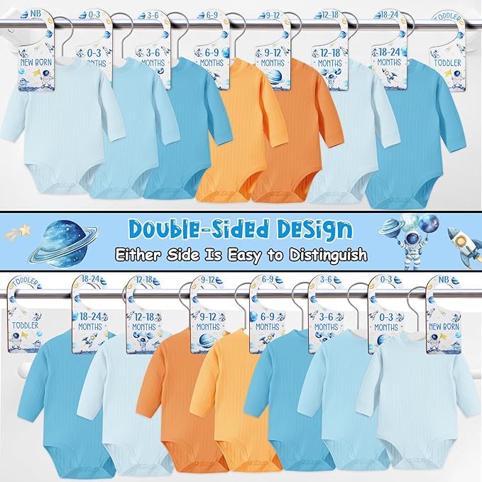 Baby Closet Dividers 8PCS, Outer Space Themed Wooden Double-Sided Clothes Size Hanger Organizer from Newborn to Toddler for Nursery Decor Baby Shower Birthday Gift Blue
