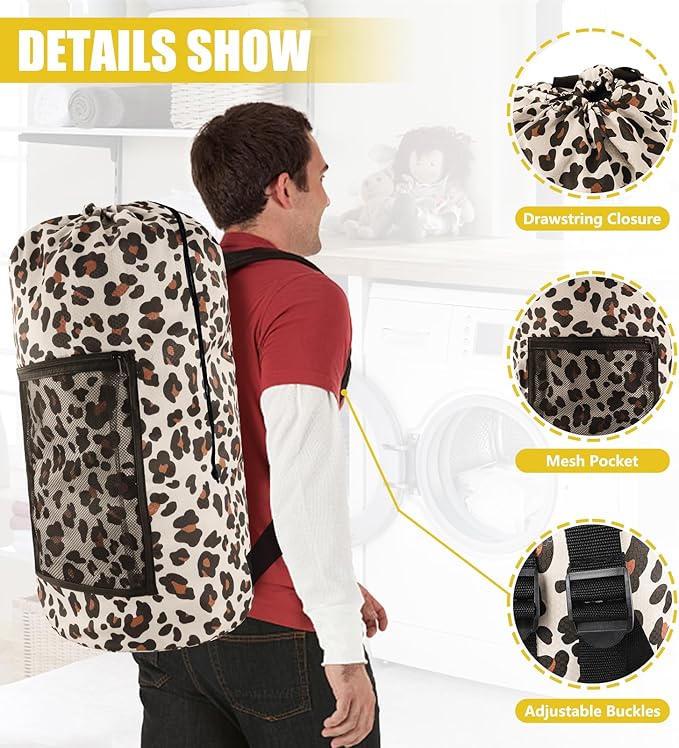 Laundry Bag Backpack, Extra Large Travel Laundry Bag with Mesh Pocket & Adjustable Shoulder Straps,Dirty Clothes Travel Bag for College Students Dorm,Apartment(Leopard Print)