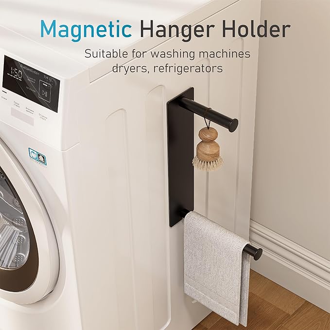 Hanger Organizer Stacker, Magnetic Hanger Holder, Retractable Hanger Storage Rack for Laundry Room Organization, Washing Machine and Dryer, Holds 50 Velvet/Wire/Plastic Hangers (Black)