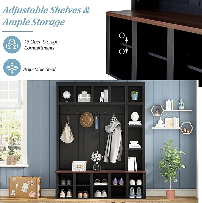 Farmhouse Entryway Bench with Coat Rack, Wooden Hall Tree with 6 Hooks, Walnut Storage Bench with Adjustable Shelves, 4-in-1 Entryway Shoe Cabinet with 13 Cubbies for Mudroom