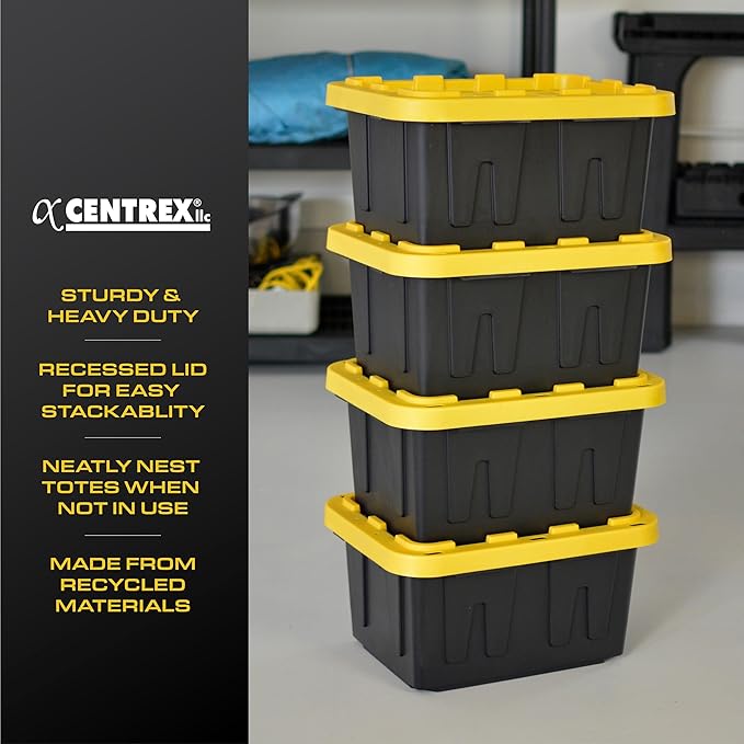 BLACK & YELLOW 5-Gallon Heavy Duty Storage Bins with Lids, Stackable Plastic Storage Bins with Weather-Resistant Design, Home Organization, 4-Pack