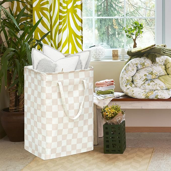 Beige Checkered Laundry Basket Girls Hamper Storage Bins Organizer Toy Box Large Canvas Collapsible Chest for Home/Dorm/Kitchen/Pet/Office/Closet/Shelf/Gift Baskets