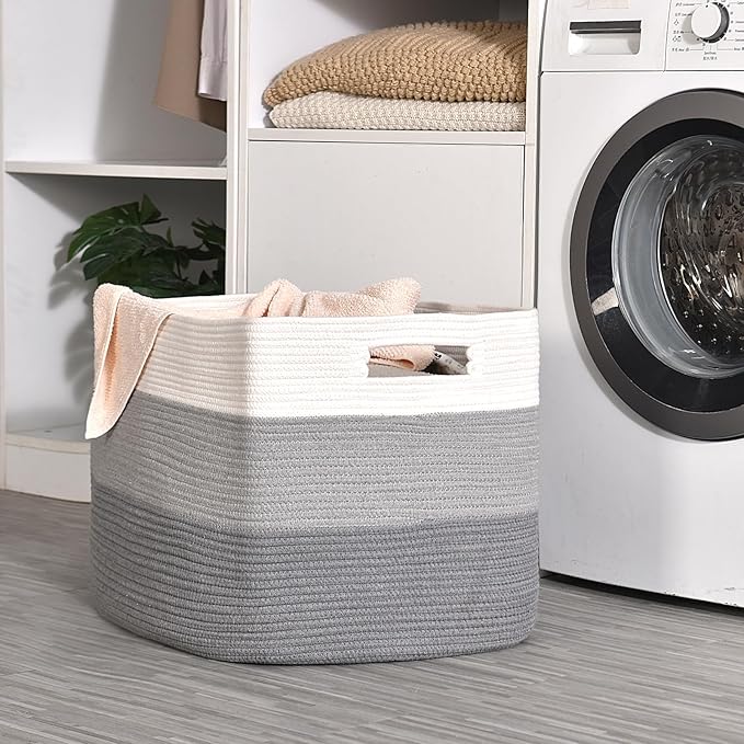 Extra Large Blanket Basket Living Room, Rectangle Storage Basket, Large Woven Baskets for Storage, Cotton Rope Basket for Toys, Clothes, Gradient Grey - 25”x16”x16” (105L)