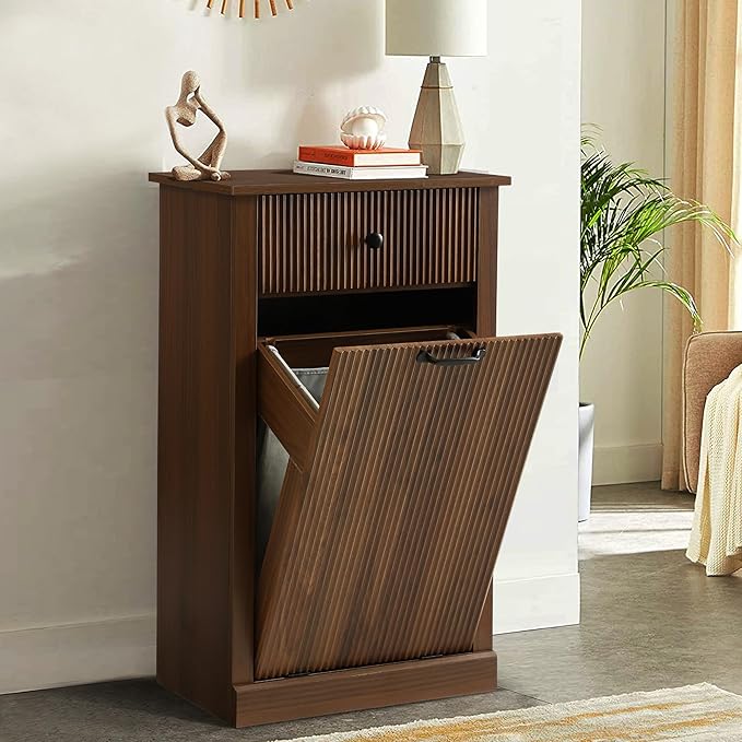 36" H Tilt Out Laundry Hamper Cabinet, Modern Fluted Trash Can Cabinets with Drawer, Wooden Hidden Garbage Cabinet for Kitchen and Bathroom (Brown, Single)