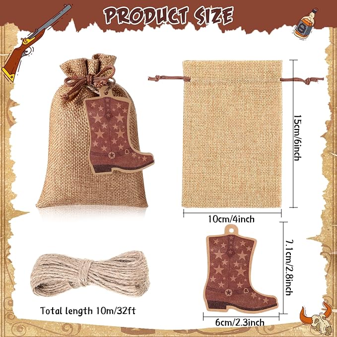 Mooliwe 50 Pcs Burlap Drawstring Bags with Boot Shape Tags, Western Cowgirl Gift Sacks Bulk 4 x 6 Inches Reusable Burlap Candy Pouch for Bachelorette Cowboy Baby Shower Wedding Party Favor(Brown)