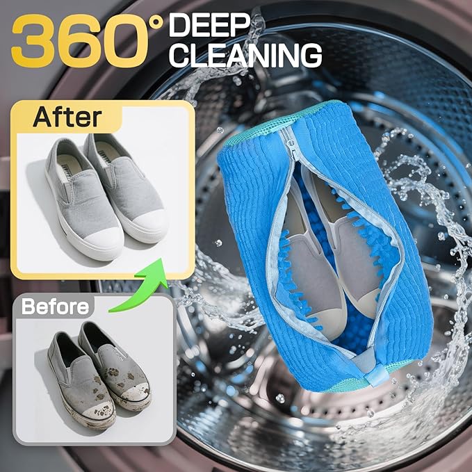 Shoe Washing Machine Bag,Reusable Laundry Cleaning bags for Washer and Dryer Fluffy Fibers 360° Wrap-Around Cleaning for All Shoes with Adjustable Shoe Trees & Dust-Proof Bag (Blue 4Pcs)