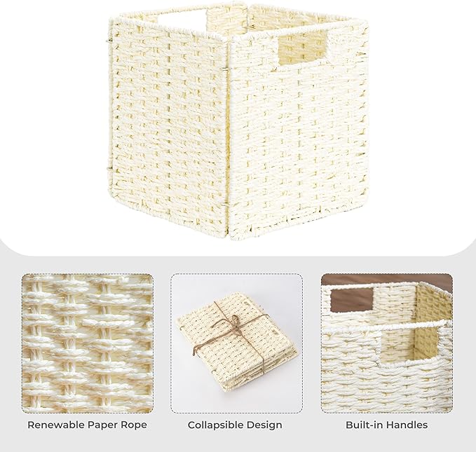 StorageWorks Beige Wicker Baskets, Handwoven Storage Cubes with Handles, Foldable Paper Rope Basket for Organizing, 9 inch, 2 Pack