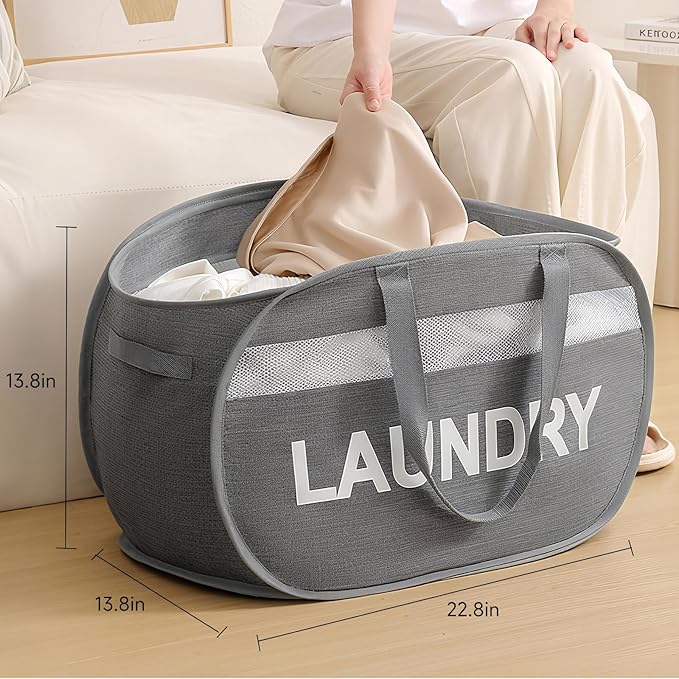 Foldable Laundry Basket with Lid, Oxford Cloth Reinforced Steel Ring Collapsible laundry hamper, 70L Breathable Mesh Dirty clothes hamper with Dual Handles for Home, Dorm, Apartment