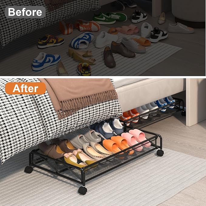 Under Bed Shoe Storage Organizer, Rolling Under Bed Storage Containers with Wheels, Under Bed Shoe Organizer Drawer Space Saving for bedroom