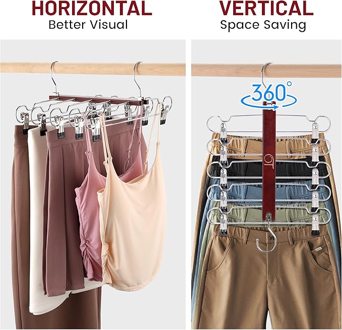 2 Pack Skirt Hangers with Clips, Space Saving Beechwood 5 Tier Pants Hangers with 360° Swivel Hook, Closet Organizer for Skirts, Pants, Tank Top-College Dorm Room Essentials (Brown)