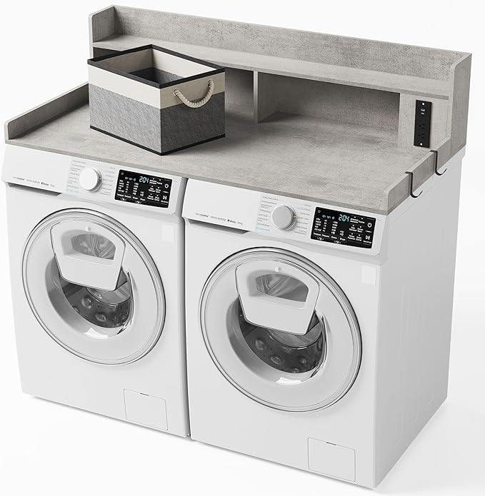 Upgraded 2-Tier Washer and Dryer Countertop with Power Outlet,54" W x 27.6" D Large Laundry Countertop for Fold Clothes, Laundry Topper with Non-Slip Pads & Metal Hooks and Storage Basket