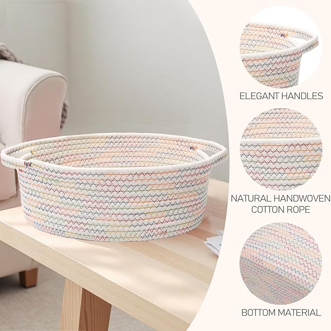 Woven Basket,Small Rope Storage Bin with Handles & Ribbon Bag, Organizer for Shelves Closets,Gift Basket Empty for Birthday,Books,Dog Toys, Colorful