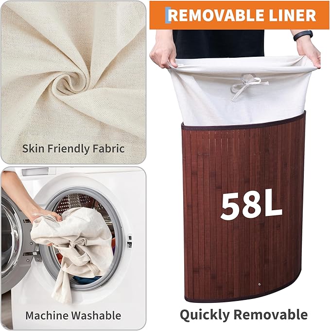 Bamboo Laundry Hamper Large 58L with Removable 2-Section Liner, Foldable Storage Basket with Lid and Handles for Bedroom, Laundry Room, Small Spaces – Brown - Triangle