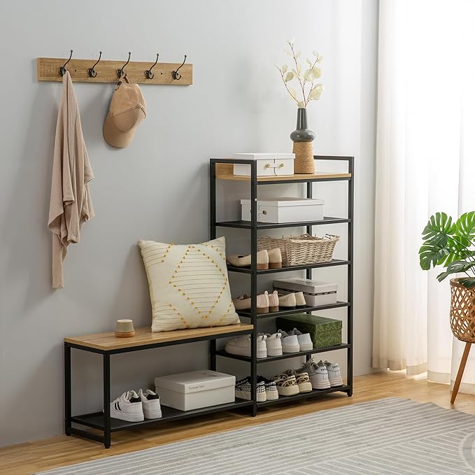 6-Tier Coat Rack Shoe Bench Set, Entryway Bench with 6 Hooks Coat Rack, Hall Tree and Shoe Storage for Entryway, Hallway, Garage, Bedroom (Vintage Oak)