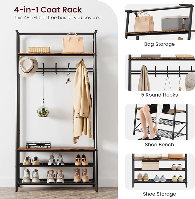 Coat Rack Shoe Bench with Single-Row 6 Hooks 80cm Width, 3-Tier Shelf Entryway Hall Tree with Storage, Metal Frame Multifunctional Organizer, 4-in-1 Coat Rack for Bathroom, Hallway.Brown.