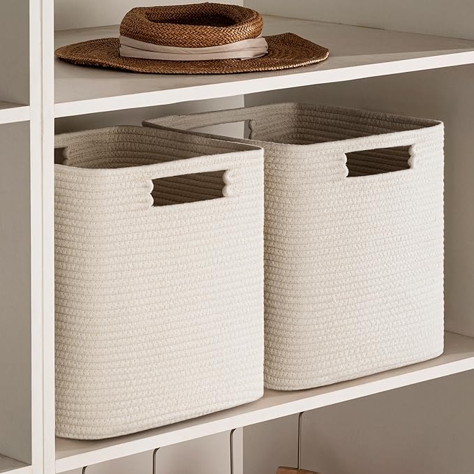 UBBCARE Storage Cubes 11 Inch, Cotton Rope Woven Baskets for Organizing, Cube Storage Bin for Baby Nursery, 2-Pack Square Toy Storage Baskets for Shleves Organizer, Closet, Kidsroom, Beige