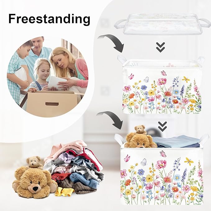 Colourful Flowers Laundry Hamper Large Storage Basket Floral Collapsible Adult Organizer Kids Clothes Toys Bins for Bedroom, Bathroom, Pinkish Purple, 36L