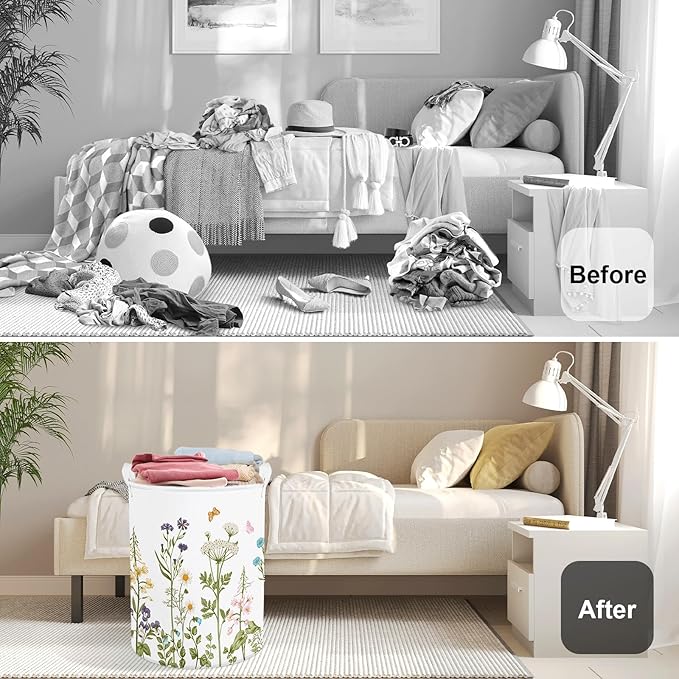 Colourful Flowers Laundry Hamper Large Storage Basket Floral Collapsible Adult Organizer Kids Clothes Toys Bins for Bedroom, Bathroom, Butterfly, 63L