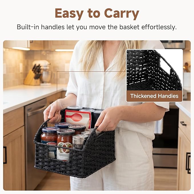 StorageWorks Pantry Organizers and Storage, Wicker Baskets with Handles, Pantry Baskets for Shelves, Paper Rope, Black，2 Pack