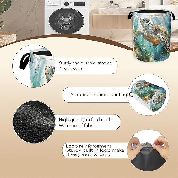 Laundry Hamper,Sea Turtle Laundry Basket,Watercolor Green Ocean Portable Collapsible Laundry Room Organization Storage for Dorm Room,Nursery,Bathroom,Bedroom,16x20 Inch
