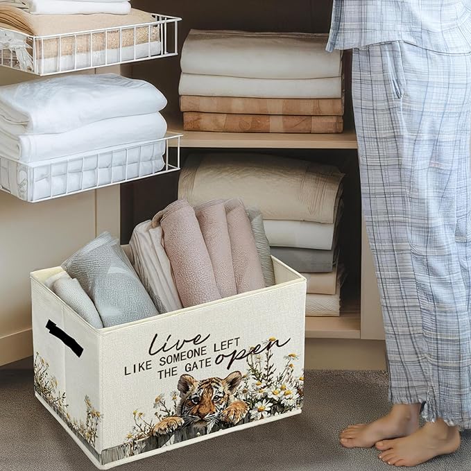 Rustic Tiger Storage Bins & Boxes with Handles, Farmhouse Tiger Foldable Basket for Organizing, Live Like Someone Left the Gate Open Collapsible Storage Basket for Bedroom Bathroom Clothes Toys