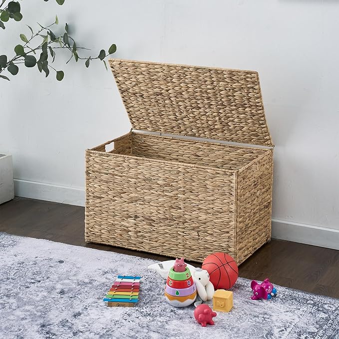 Water Hyacinth Storage Basket with Lid, 27.7 Gallon (105L) Blanket Storage Basket with Handles, Woven Storage Bin, Foldable, Metal Frame, for Bedroom, Laundry Room, Natural