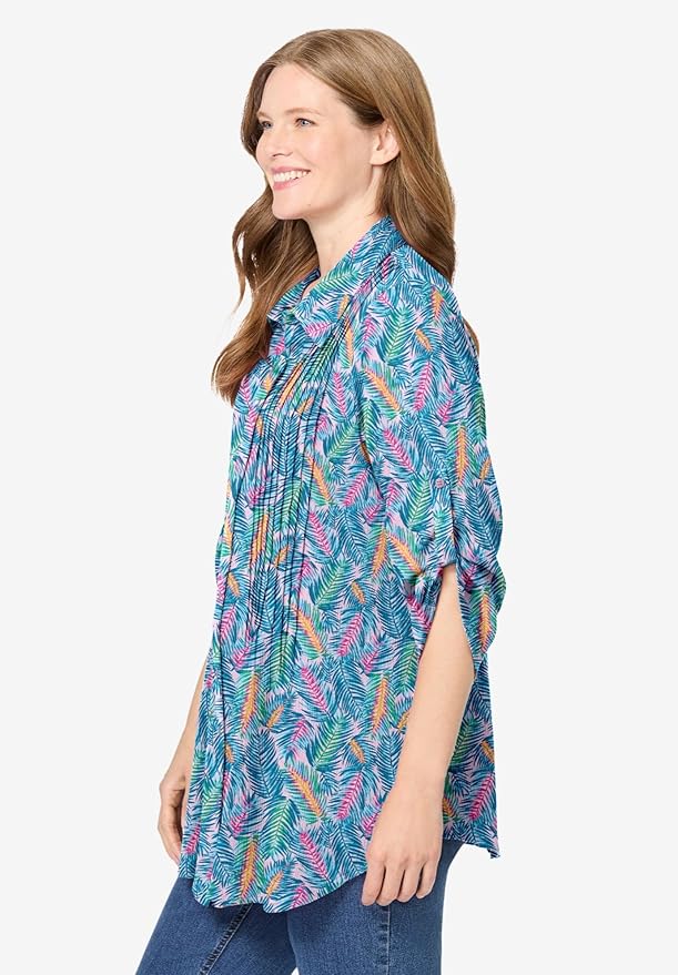 Woman Within Plus Size Pintucked Button Down Gauze Shirt