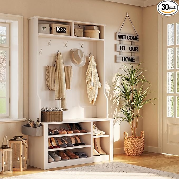 Aiho Hall Tree with Bench and Shoe Storage, 3-in-1 Entryway Hall Tree, with Adjustable Shoe Storage, for Entryway, Hallway, White