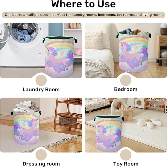 Rainbow Unicorn Foldable Laundry Hamper - Waterproof Fabric Storage Basket with Handles, Clothes Hampers for Laundry,Bedroom,Dorm