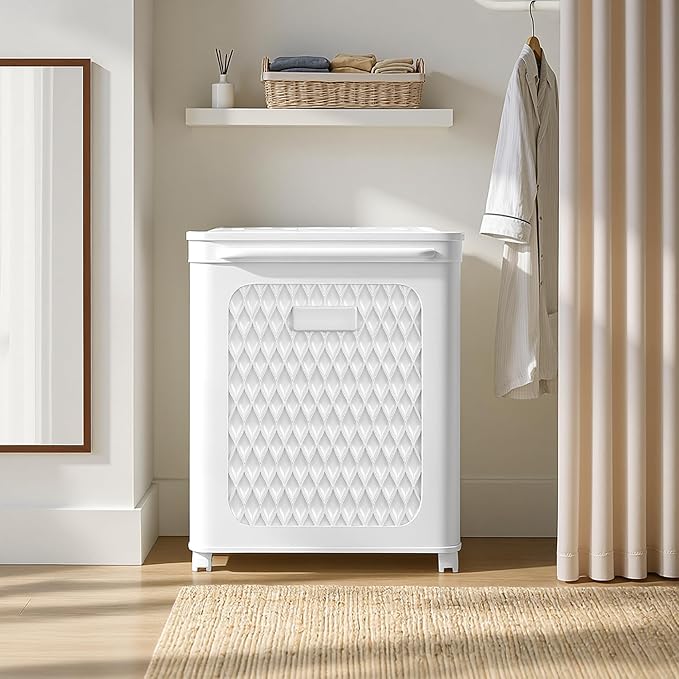 VECELO Rolling Storage Bins with Lid, Plastic Organizers Cart with Wheels & Handle, Foldable Storage Containers for Laundry, Bathroom, Bedroom, 19.3" x 13.8" x 25.0", White