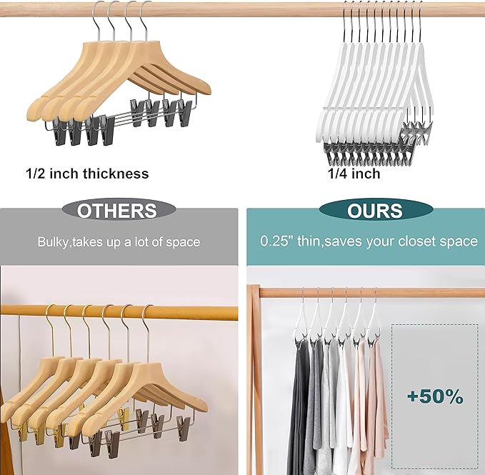 20 Luxury Ultra Thin Space Saving Wooden Skirt Pant Hanger with Adjustable Clips Best for Skirts, Pants, Shirts, Blouses, Dress, Hangers (White - Skirt/Blouse, 20)