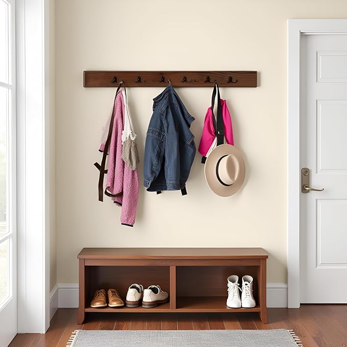 Pomona Metal and Wood Wall Coat Hook, 48 in. , Brown, 6-Hook Entryway Rack for Jackets, Scarves & Bags, Strong, Slim Wooden Design for Tight Spaces, Solid Finish, Solid Pine Wood & Metal