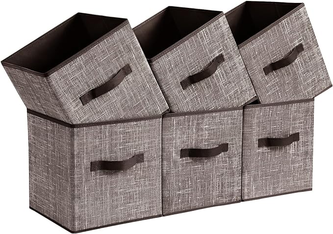 SONGMICS Storage Cubes, 11-Inch Non-Woven Fabric Bins with Double Handles, Set of 6, Closet Organizers for Shelves, Foldable, for Clothes, Walnut Color UROB026K02