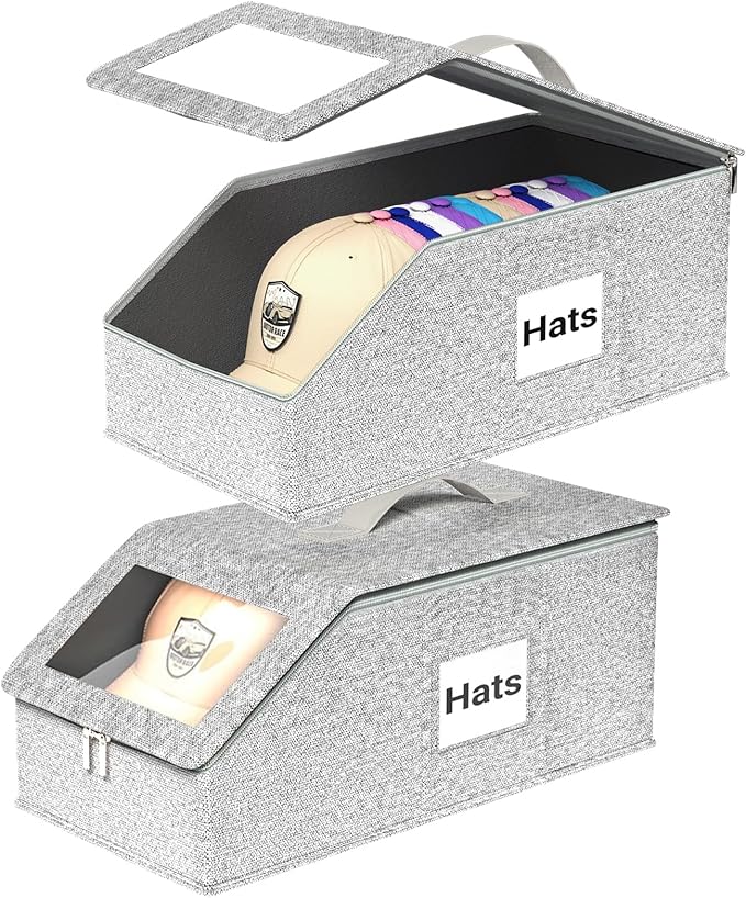Hat Organzier for Baseball Caps - 2 PCS Stackable Hat Storage Holder Holds up to 26 Caps for Closet, Dust-Proof Hat Boxes Container with Clear Window for Home