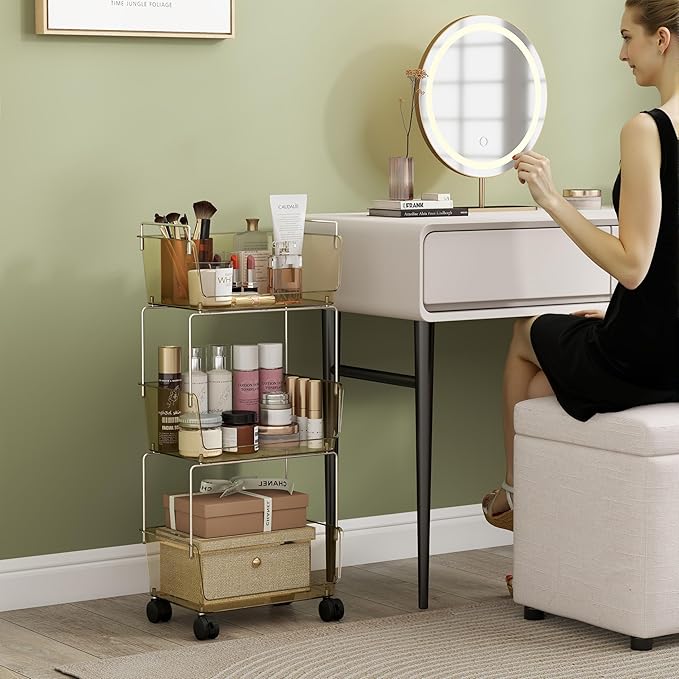 Delamu 3-Tier Metal Rolling Cart for Kitchen, Bathroom, Office, Plastic Utility Storage Carts with Wheels, Ideal for Small Spaces, Pantry, Classroom, Workshop Organization and Storage, Amber