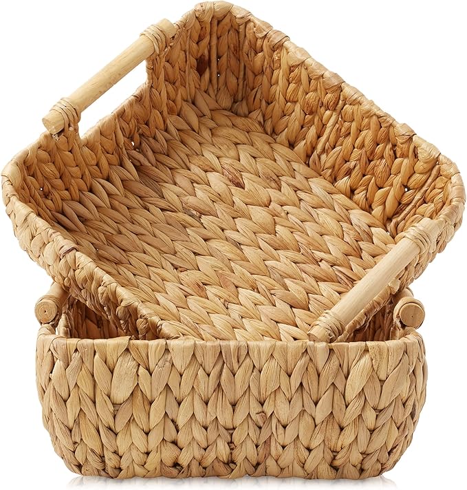 Casafield Set of 2 Water Hyacinth Oval Storage Baskets with Wooden Handles - Small, Woven Bin Organizers
