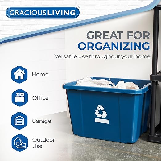 Gracious Living Medium Curbside Blue Box, Plastic 17 Gallon/64 Litre Home Trash Can Refuse and Recycling Bin Container with Built-in Handles (1 Pack)