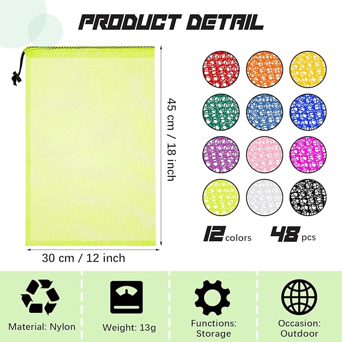 Cunno 48 Pcs Mesh Laundry Bags Mesh Drawstring Toy Storage Bags, 18 x 12 Inch Drawstring Gym Storage Nylon Stuff Sack Ball Organize for Travel Toy Sports(Vivid Color)