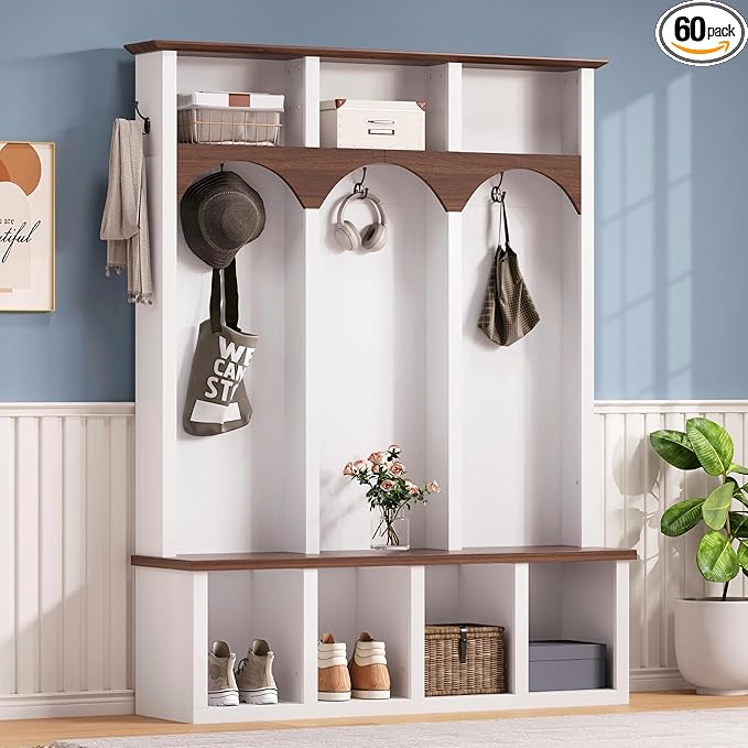 Farmhouse 59" Wide Hall Tree with 5 Black Hooks and Arched Design, Wood Grain Bench with Open Compartments, 4-in-1 Hallway Shoe Cabinet for Mudroom, Living Room (White-9.9)