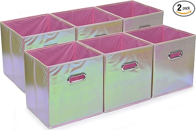 Handy Laundry 6-Pack Foldable Cube Storage Bins – Decorative Collapsible Organizer for Shelves, Closets, Underbed, Clothes, or Kids’ Toys (Shiny Pink)