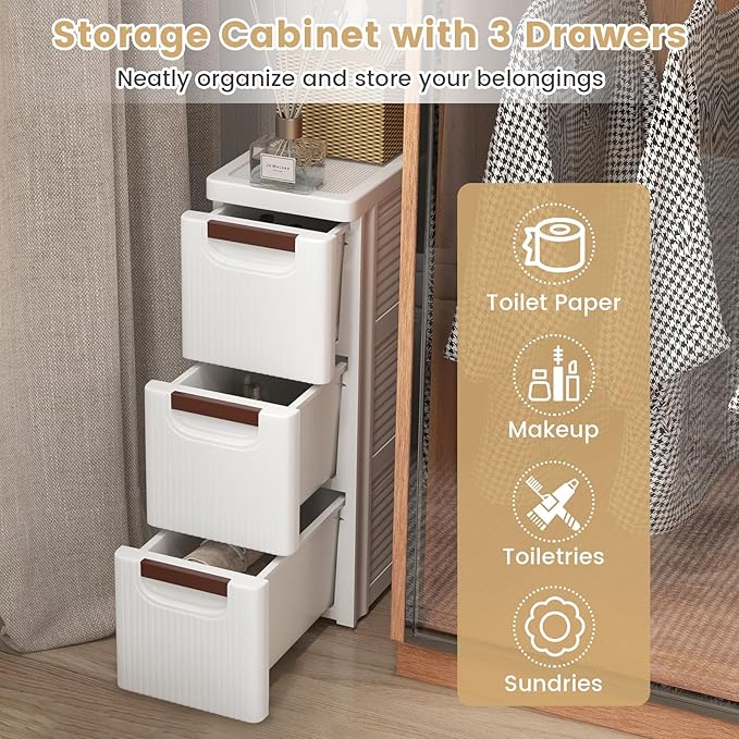 LOKO 3-Drawer Narrow Storage Cabinet, Slim Rolling Cart, Mobile Plastic Cart Container with Pull Handles, Built-in Wheels, for Living Room, Kitchen, Bathroom, Office (7.5"x16.5"x22.5" (3 Drawer))