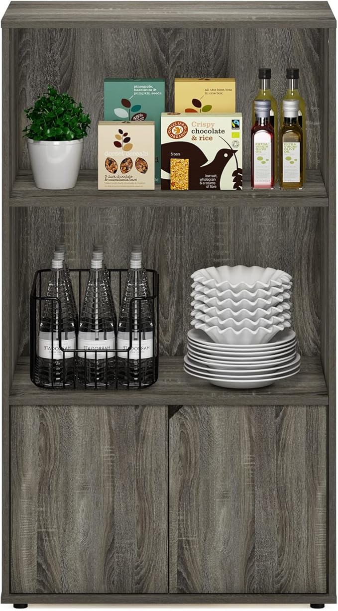 Furinno Jaya Pantry Organizers, 3-Tier Kitchen Cabinet, Coffee Bar, Kitchen Storage with Open Shelves and Closed Cabinet, for Pantry Organizers and Storage, Grey Oak