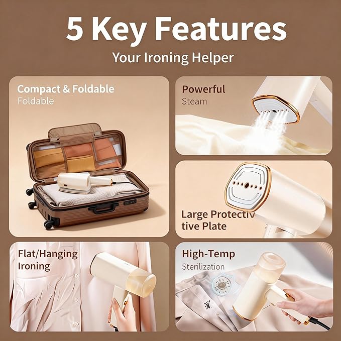Handheld Garment Steamer for Clothes, 1500W Fabric Steamer 168ml Larger Tank & No Leak Design 15S Fast Heat-up, Quick Wrinkle Remover Strong Penetrating Steam for Home, Office (ONLY FOR 120V)