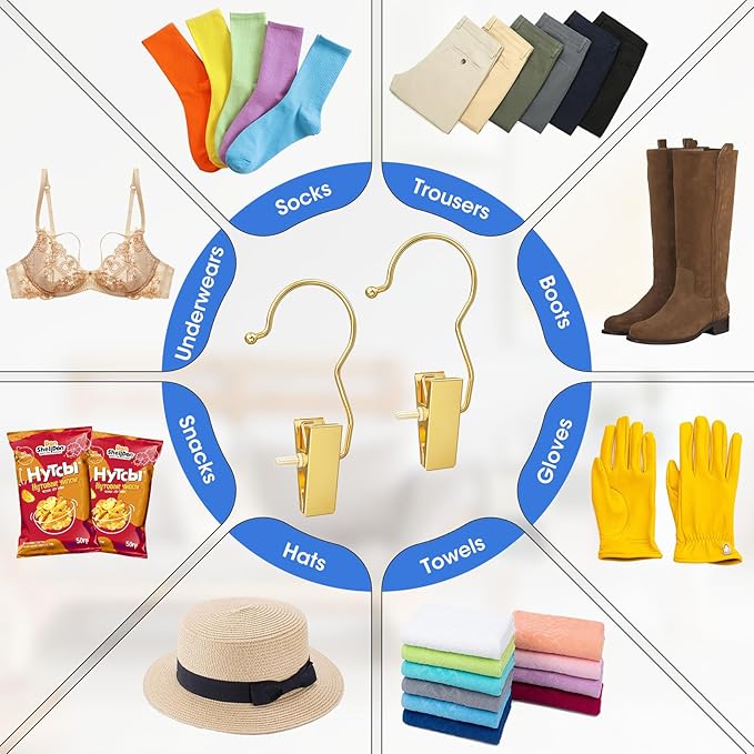 20 Pack Gold Boot Hangers for Closet, Hanger Clips Portable Travel Hangers Space Saving, Boot Clip Hooks for Hanging Clothes Pins Laundry Pants Hooks Towels Hat Bra Socks Jean