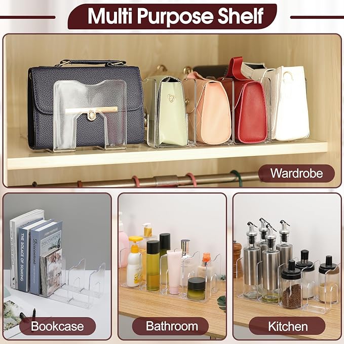 frtzal Purse Handbag Organizer 4 Sections Bag Closet Shelf Divider Purse Display Stand Handbag Storage Organizer Clear Desk File Sorter Stand Holder Bookshelf 13 x 6 x 5 Inches (4pcs upright)