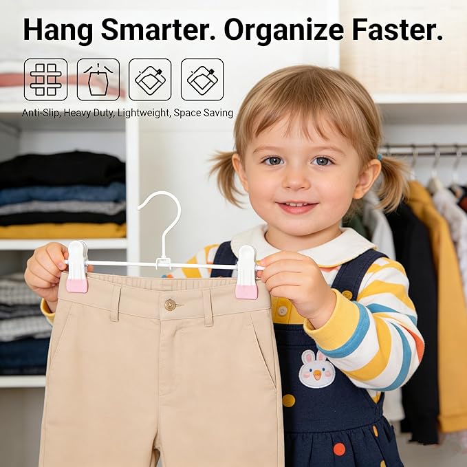 Metal Wire Clips Pants Baby Children Bottom Clothes Hangers, 20 Pack Baby Toddler Infant Newborn Kids Heavy Duty Trousers with Adjustable Clips, 11.8" Space Saving for Legging Garment Jeans (Pink)