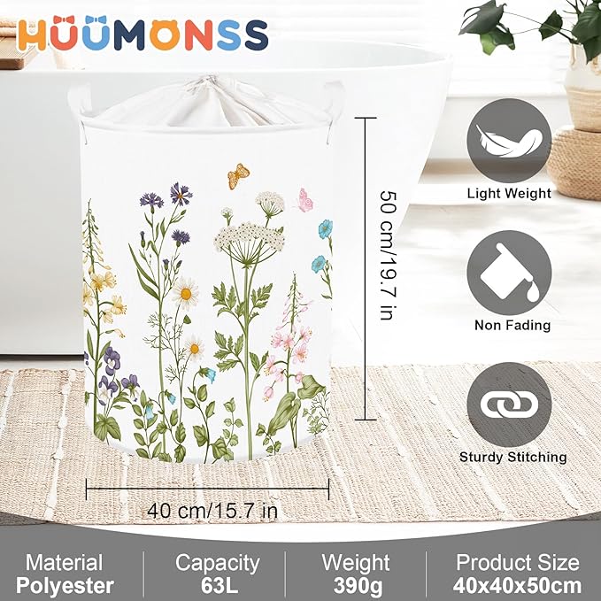 Colourful Flowers Laundry Hamper Large Storage Basket Floral Collapsible Adult Organizer Kids Clothes Toys Bins for Bedroom, Bathroom, Butterfly, 63L