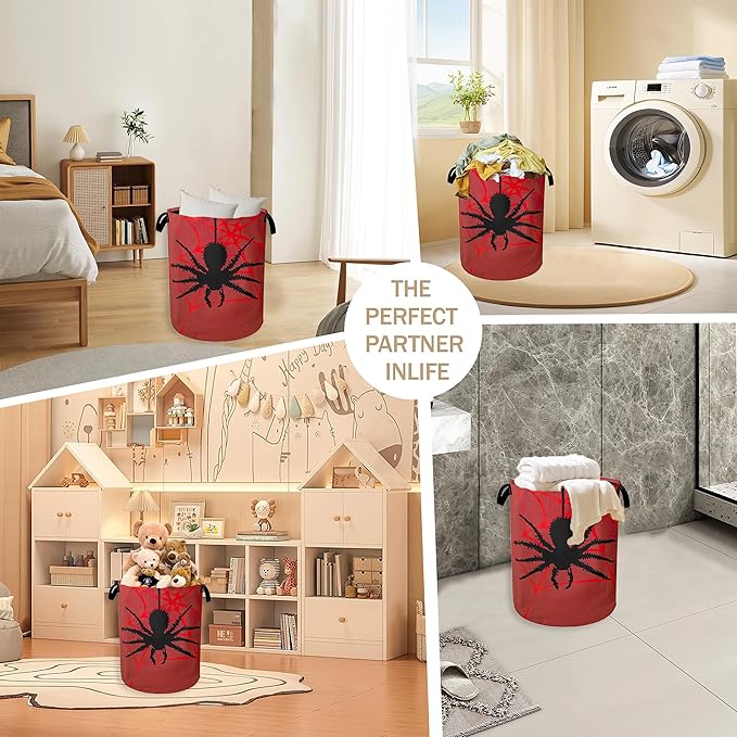 Laundry Hamper,Halloween Black Spider Laundry Basket,Red Spider Web Portable Collapsible Laundry Room Organization Storage for Dorm Room,Nursery,Bathroom,Bedroom,16x20 Inch