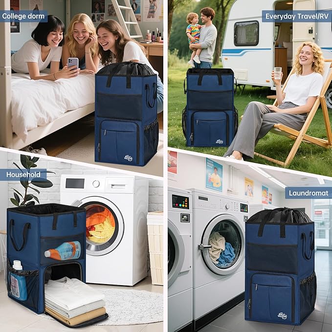 95L Laundry Backpack Bag with 3 Sizes Mesh Wash Bags Empty, Extra Large 2 in 1 Laundry Hamper Basket with Shoulder Straps, Freestanding Laundry Bag for College Dorm, Laundromat, Apartment (Blue)