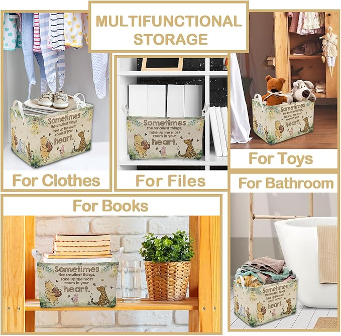 Vintage Winnie Nursery Hampers with Handles, the Pooh Storage Basket Decor, Winnie Baby Nursery Hamper Decor, Foldable Canvas for Bathroom and Bedroom SetClothes,Toys Bin